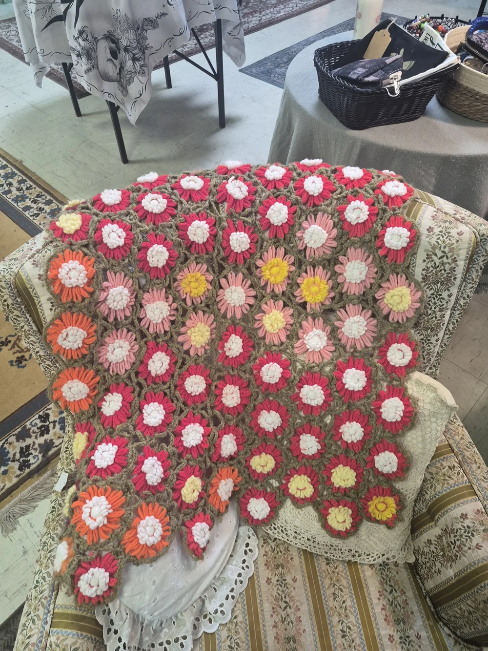 Handmade Crochet Floral Throw Blanket in Pink, Orange, Yellow and Cream